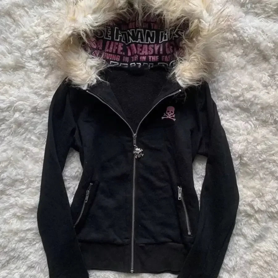 Y2K Black Fur Collar Zipper Sweatshirt Hoodie Sexy Women Sweatshirt Harajuku Goth Letter Graphic Print Slim Coat Winter Clothes