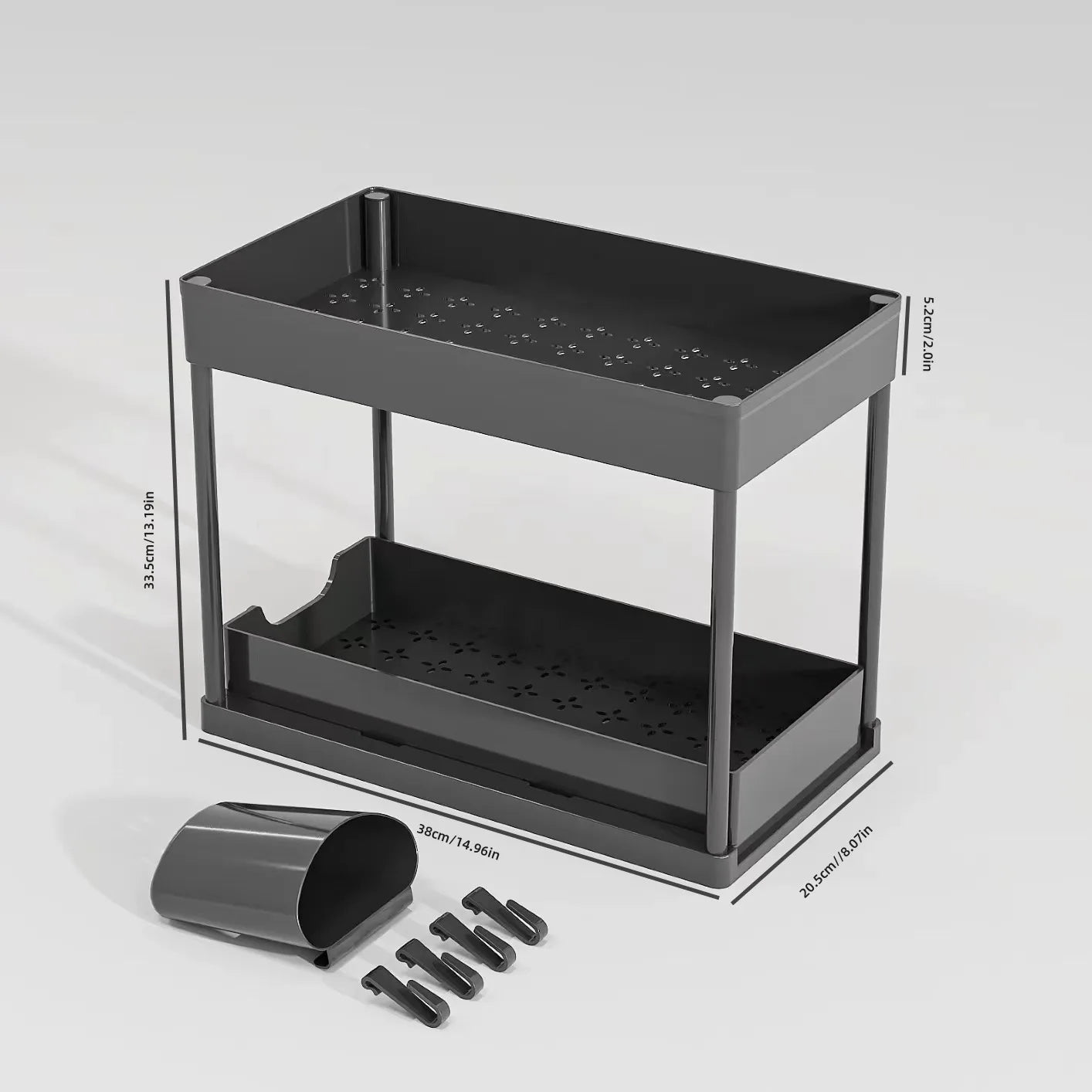 2-Tier Sliding Under Sink Organizer - Cabinet Basket Storage Rack with Hooks and Hanging Cup for Kitchen and Bathroom Use