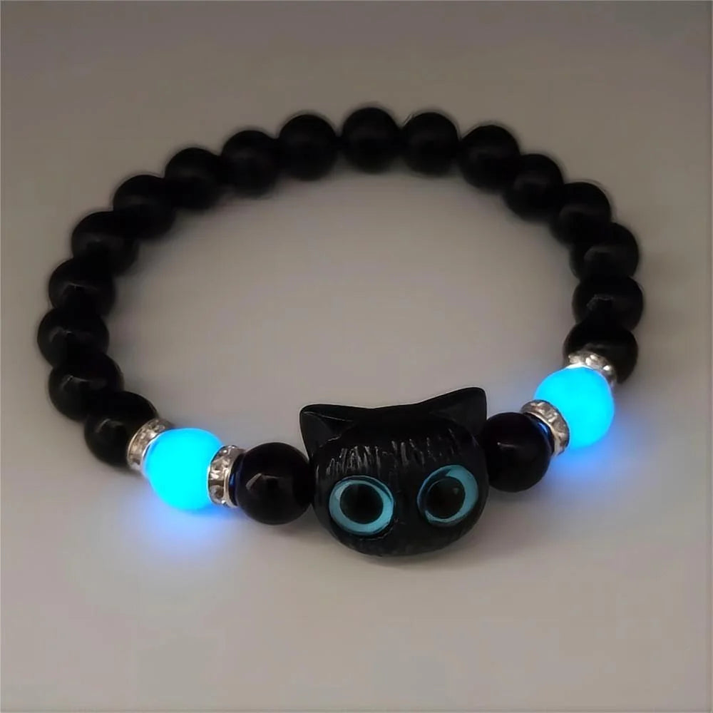 Luminous Cute Cat Head Bead Strand Bracelet for Couples Black White Cat Design Matching Friendship Jewelry for Men And Women