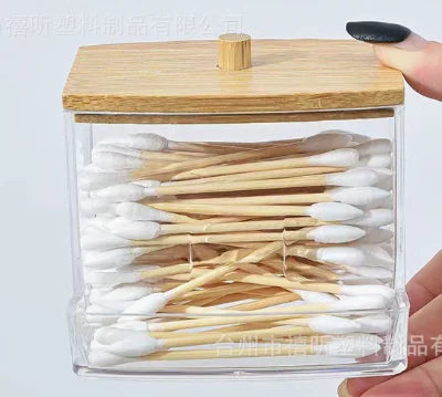 1 Household Cotton Swab Storage Tank, Acrylic Square Bamboo Cover Storage Box, Suitable For Bathroom, Bedroom, Transparent