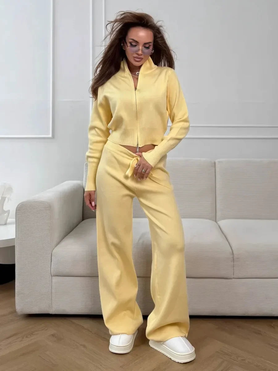 Wolfeel New Autumn Winter Zip Up Knit Pants Set Women's Trendy Slim Fit Cardigan Pants Chic Commuting Sweater Outfit
