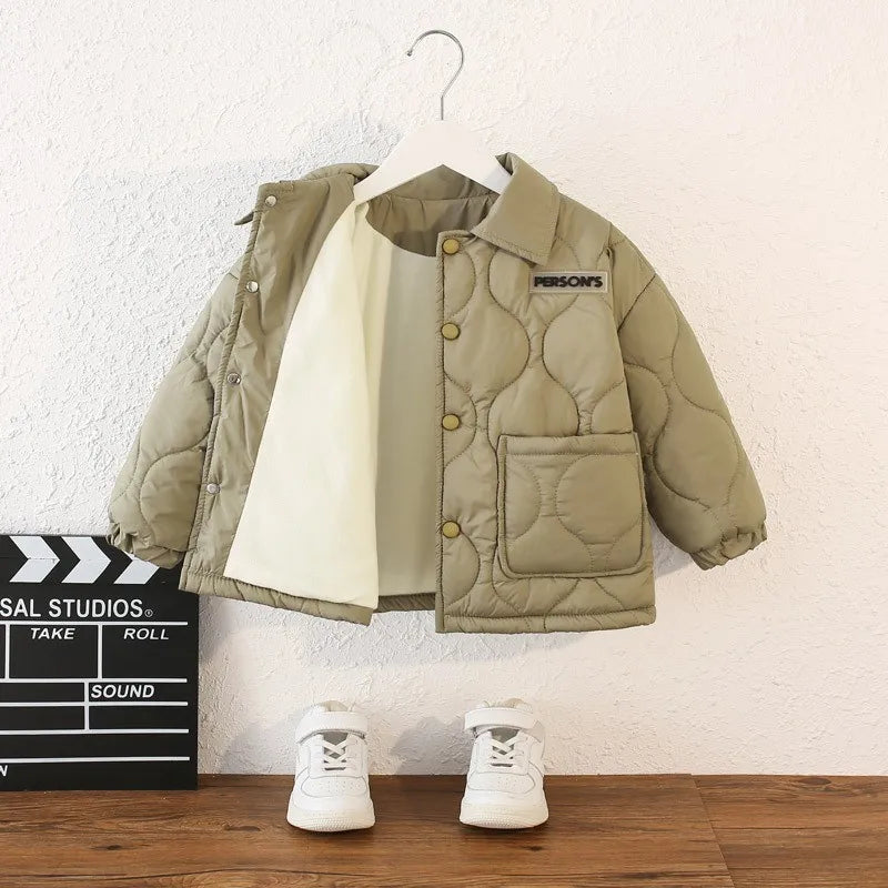 Autumn Kids Cotton Jacket Winter Boys Solid Color Thick Plus Velvet Warm Coat For 3-10 Years Teen Children Outerwear Clothing 