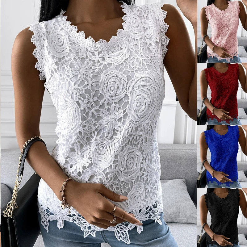 Summer Floral Lace Sleeveless Blouse Elegant Intricate Rose Pattern Top Casual O Neck Women's Tanks Top Solid Color Party Shirt