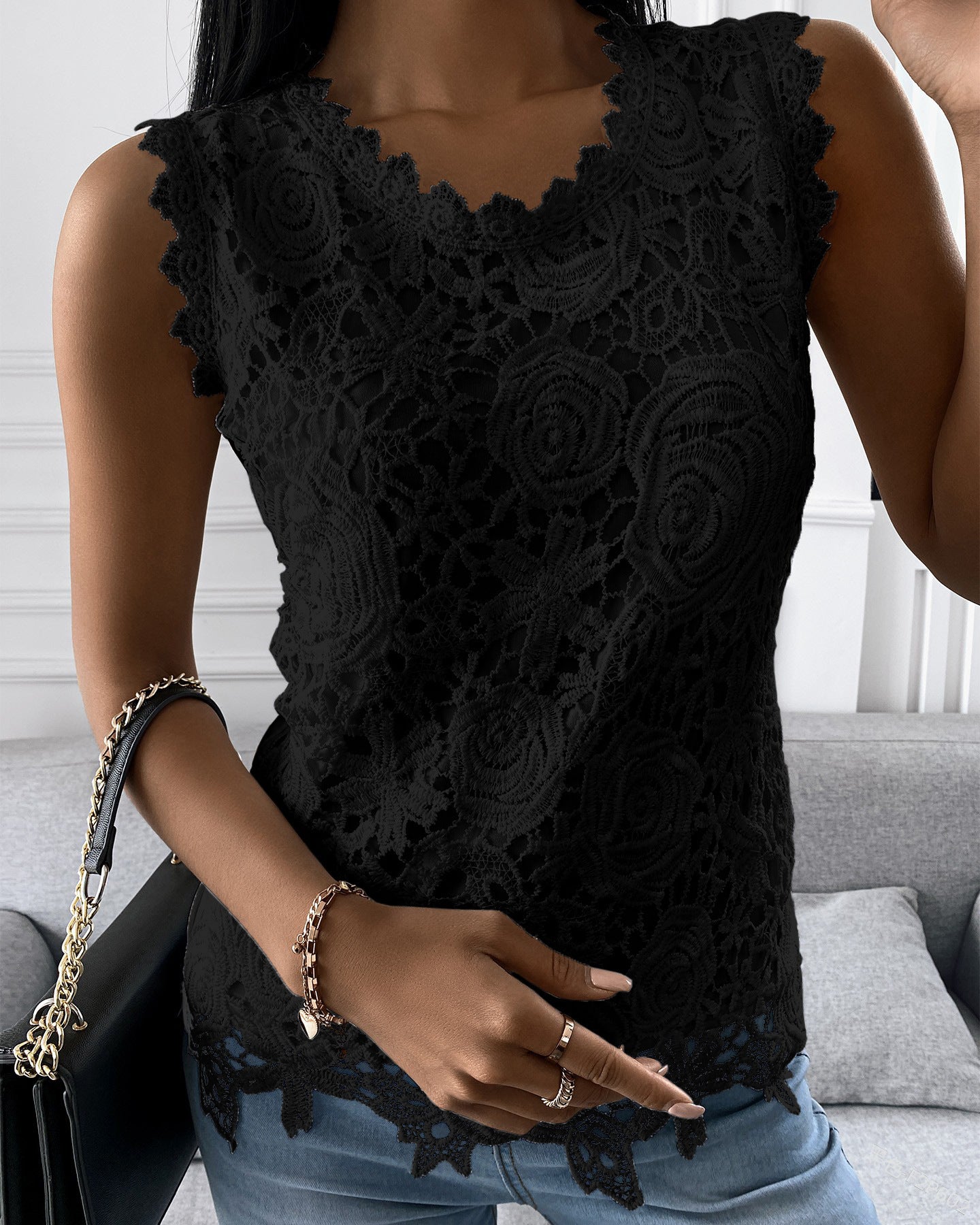Summer Floral Lace Sleeveless Blouse Elegant Intricate Rose Pattern Top Casual O Neck Women's Tanks Top Solid Color Party Shirt