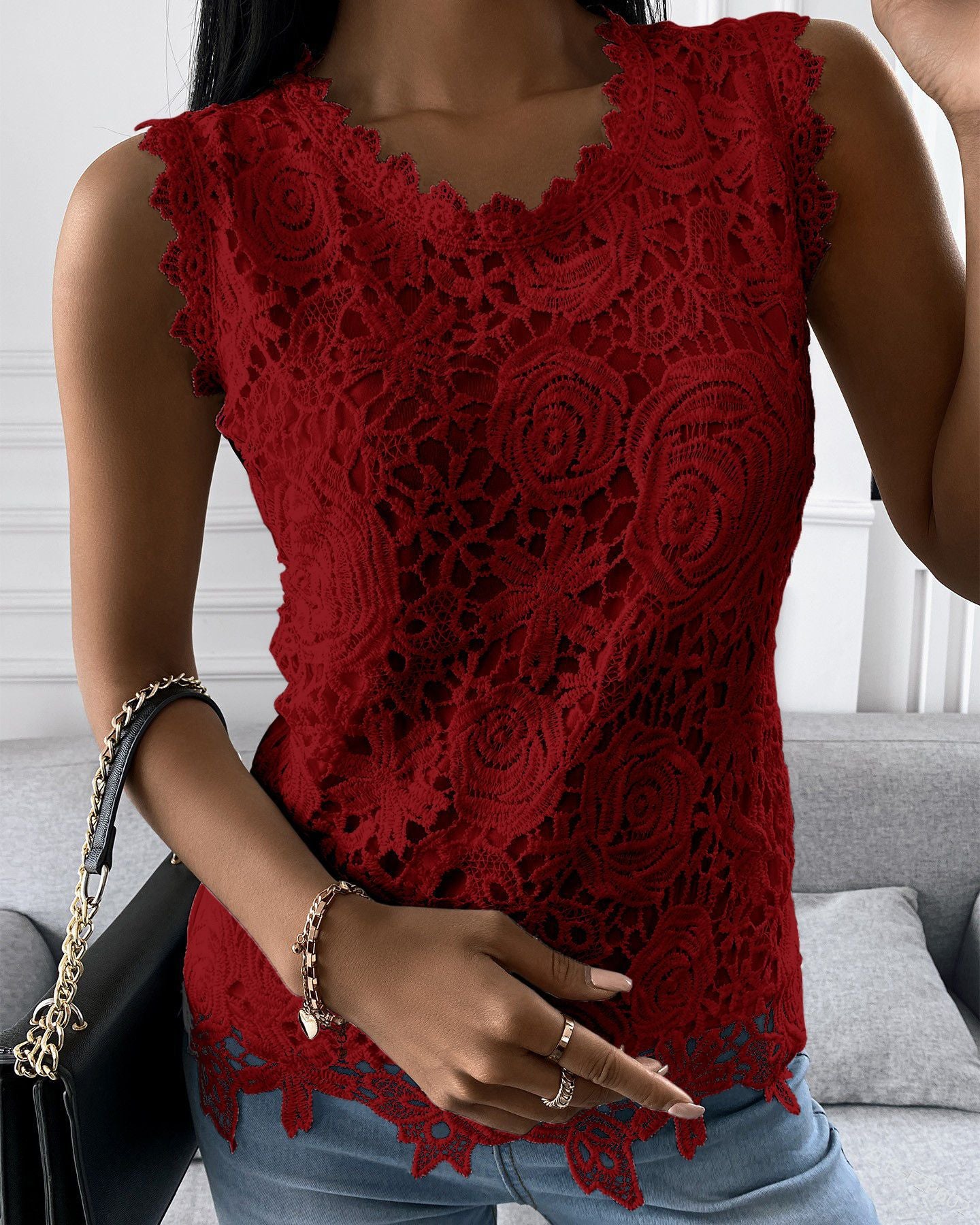 Summer Floral Lace Sleeveless Blouse Elegant Intricate Rose Pattern Top Casual O Neck Women's Tanks Top Solid Color Party Shirt