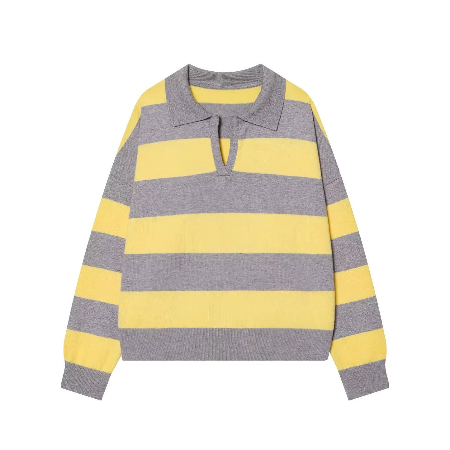 ETJ 2025 Autumn women's new line street style fashion yellow wide stripe polo neck loose version of long-sleeved sweater