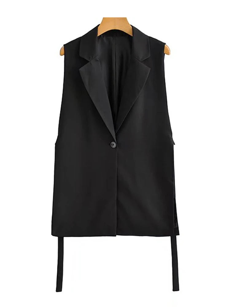 Women Fashion With Taps Side Vents Waistcoat Vintage Sleeveless Front Button Female Outerwear Chic Vest Tops