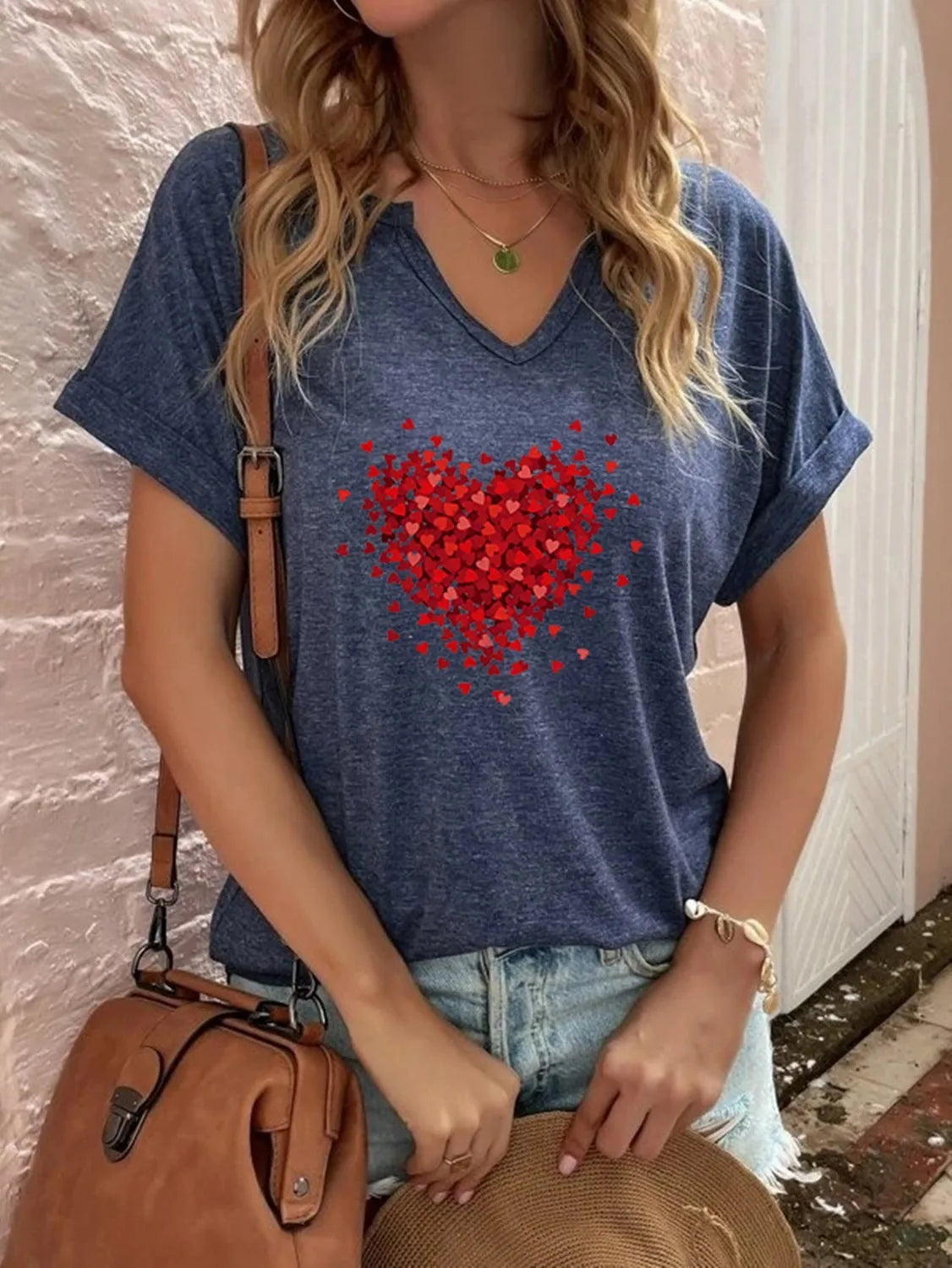 1PC Milk Silk European Style Women's Red Love Print V-neck T-shirt Blouse Short Sleeve