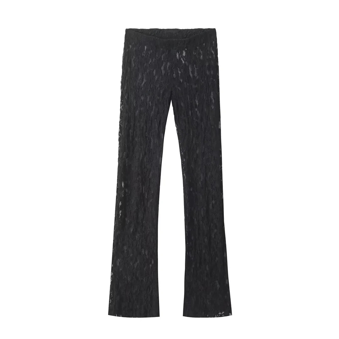 HH Womens Lace Pants Sets Slim Jumpsuits Top + High Waist Trousers Sexy Lady Floral Lace Translucent Y2k Bodysuit Suits