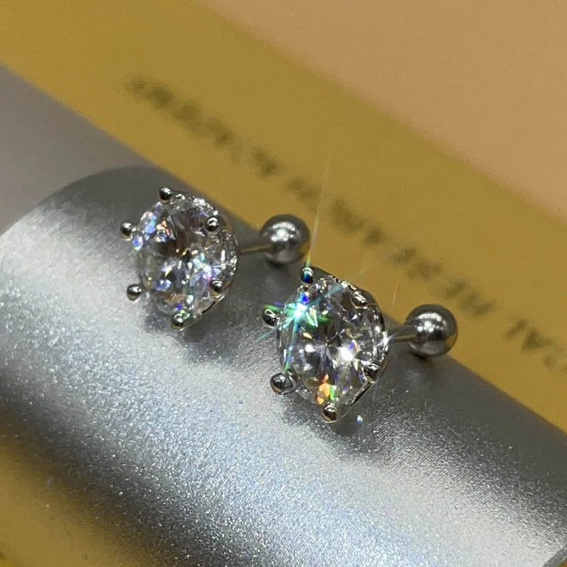 BIJOX STORY Women's Moissanite Screw Stud Earrings D Color 925 Sterling Silver 6 Prong Diamond Wedding Fine Jewelry