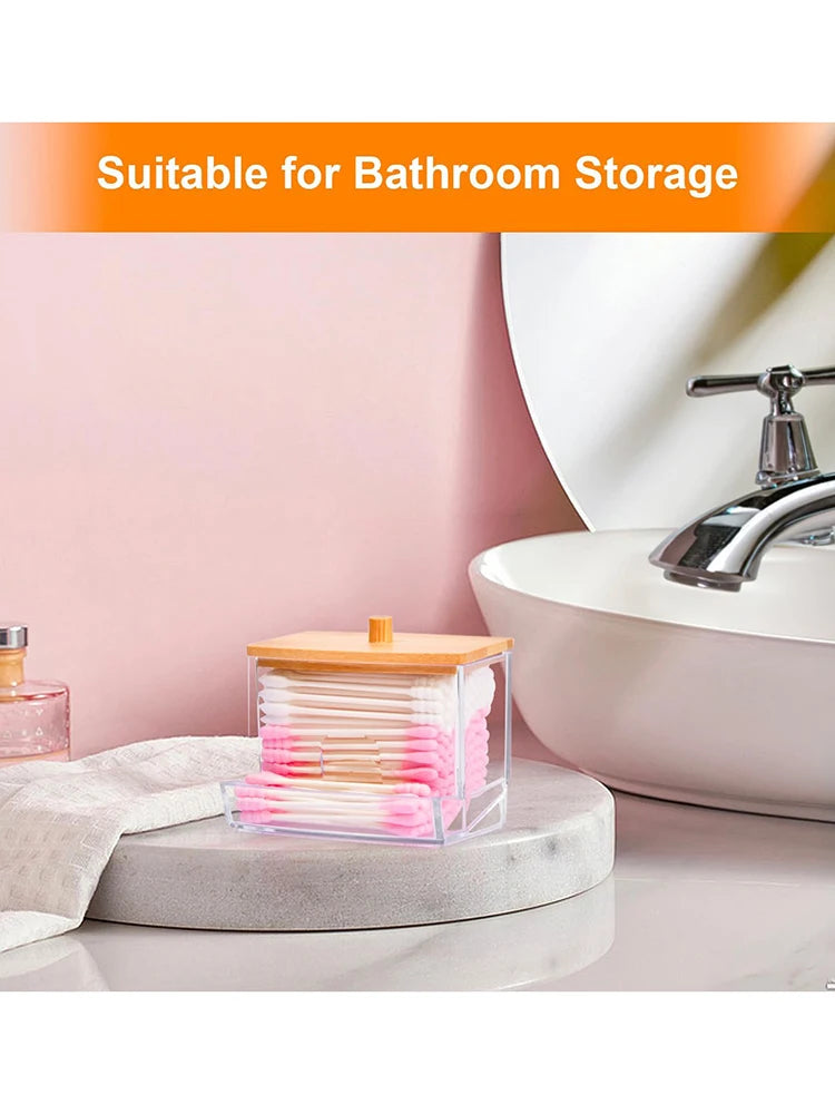 1 Household Cotton Swab Storage Tank, Acrylic Square Bamboo Cover Storage Box, Suitable For Bathroom, Bedroom, Transparent
