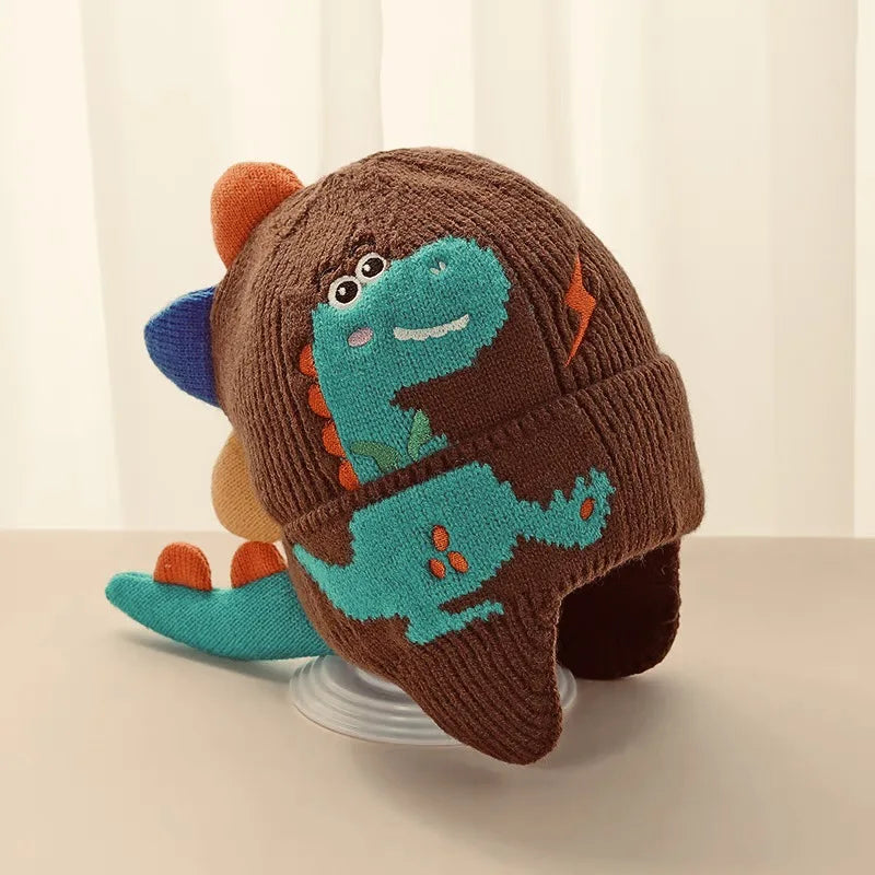 Winter Warm Baby Ear Protection Hat 3D Dinosaur Kids Earmuffs Cap Cartoon Toddler Woolen Knitted Hats 2-6 Years Children Beanies