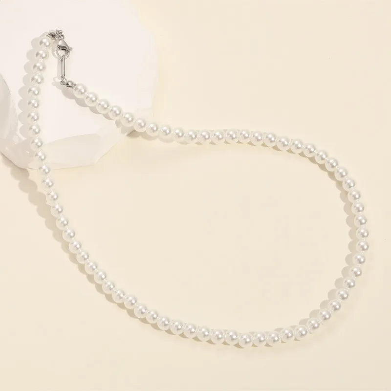 Simple Imitation-Pearl Beaded Short Choker Necklace for Men Trendy White Beaded Chains on Neck Accessories 2026 Fashion Jewelry