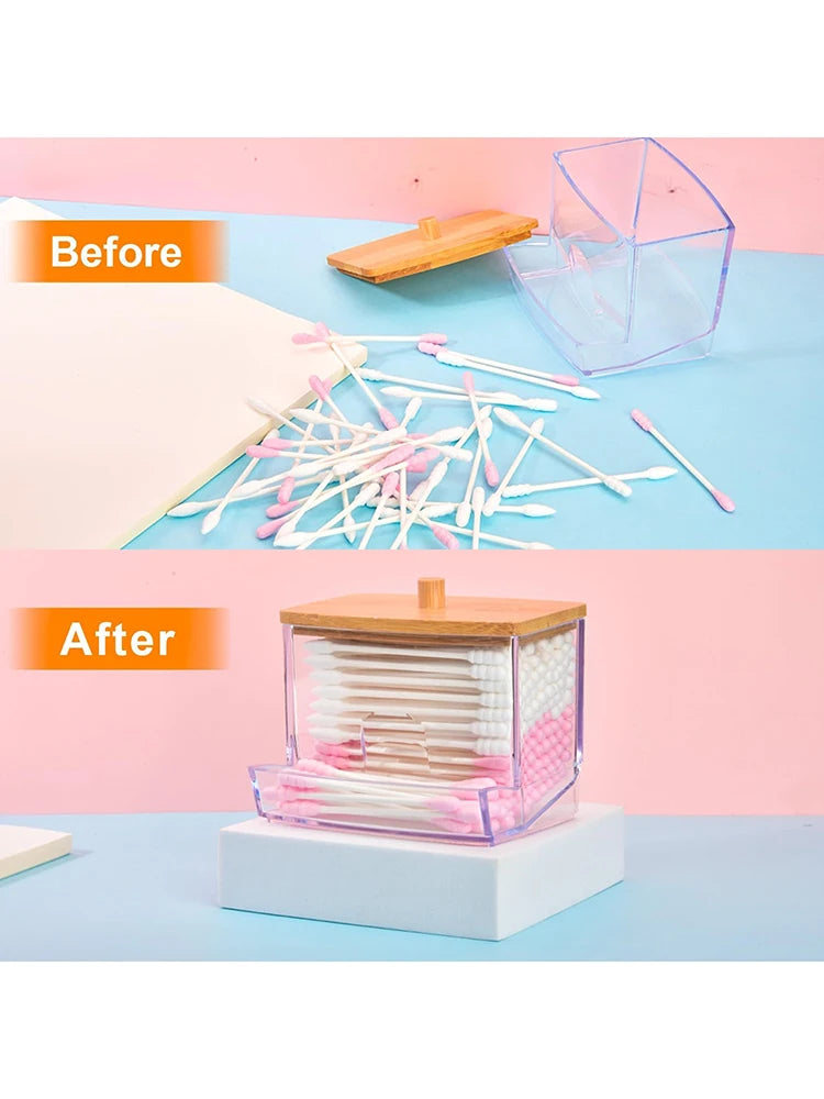 1 Household Cotton Swab Storage Tank, Acrylic Square Bamboo Cover Storage Box, Suitable For Bathroom, Bedroom, Transparent