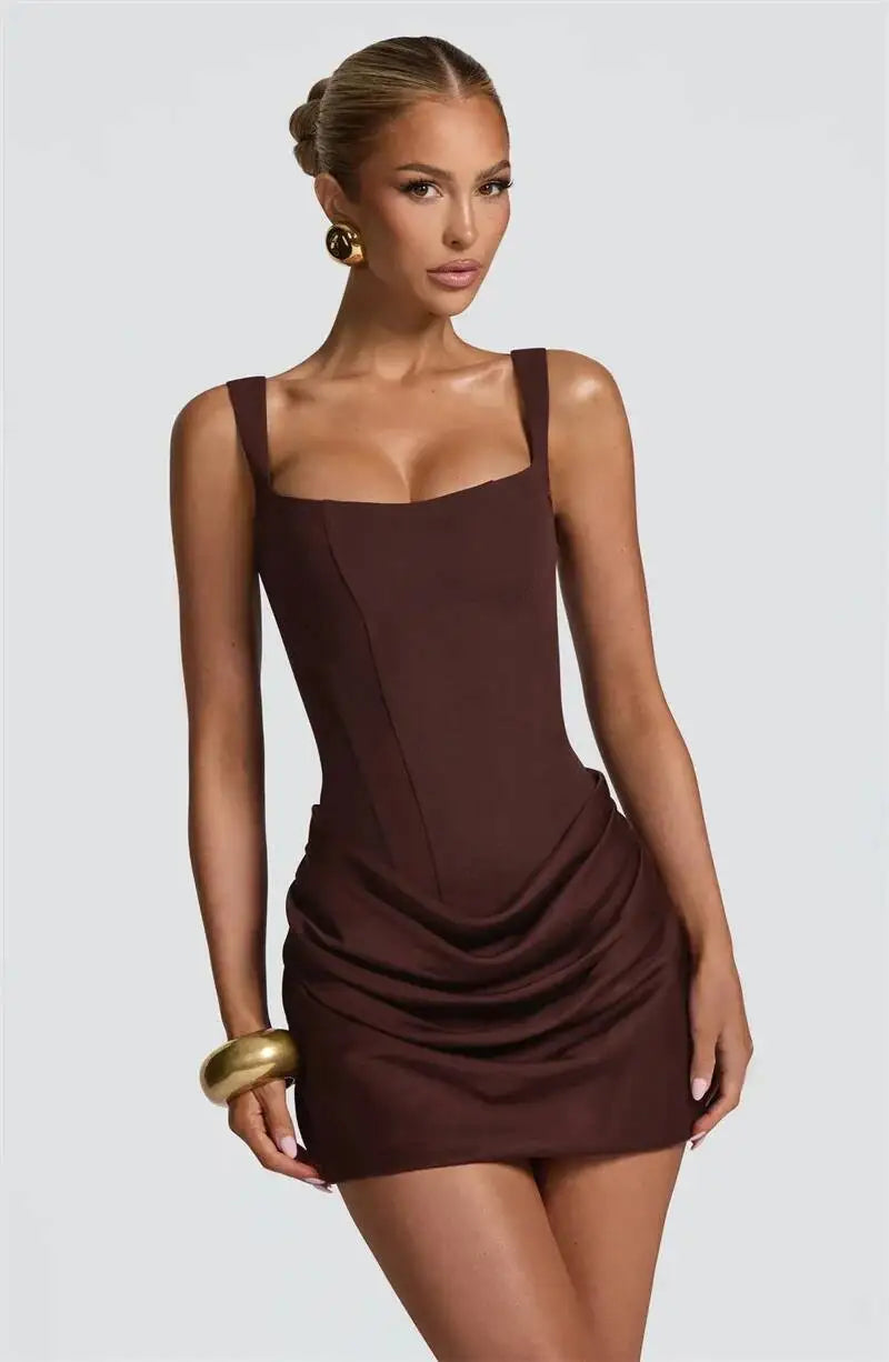 Mozision Backless Ruched Sexy Mini Dress Women Elegant Tapered Straps Square Collar Sleeveless High Waist Club Party Dress