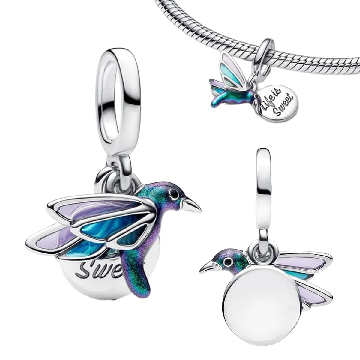 925 Silver Relief Carved Palm Leaf Heart Blue Dragonfly Butterfly Hummingbird Lucky Clover Enamel Dangle Charms Fit Bracelet