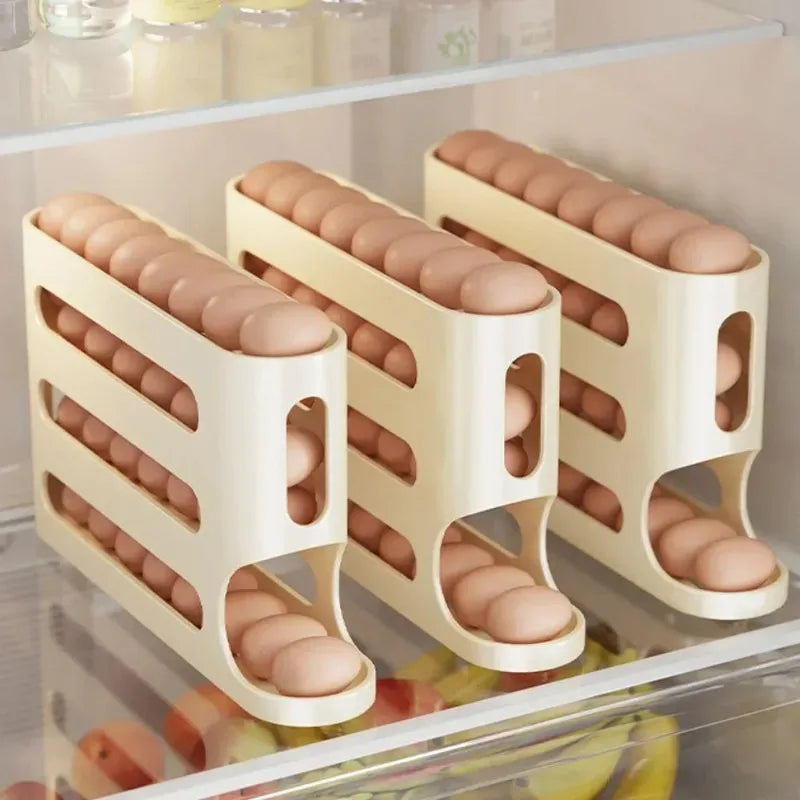 4 Layers Automatic Rolling Egg Holder Rack - Kitchen Fridge Egg Storage Box Organizer Dispenser - Plastic Refrigerator Container