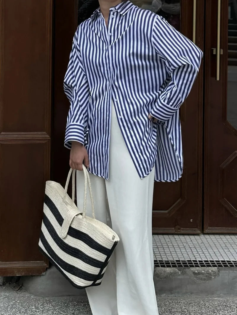 ETJ 2025 women's spring new Europe-American fashion striped long sleeve lapel loose version poplin shirt multi-color selection