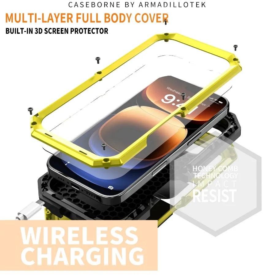 Rugged Metal Phone Case For iPhone 16e 15 14 Plus 13 Pro Max Heavy Military Shockproof Shell Slide Camera Cover Screen Protect