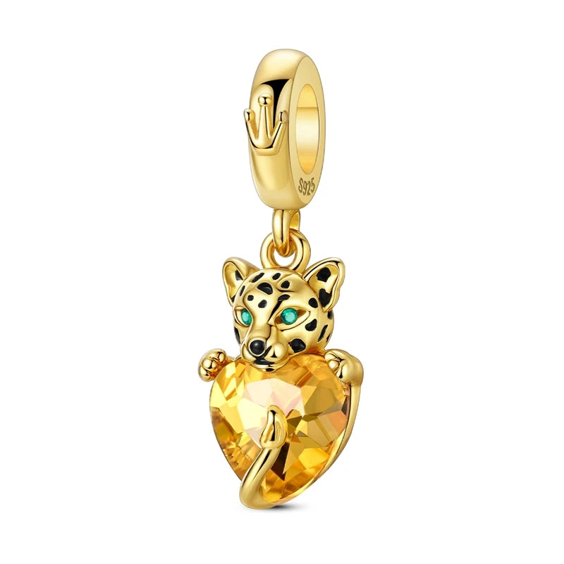 Original 925 Sterling Silver Gold Series DIY Charms Beads Inlaid Zirconium Sun Leopard Pendants Fit Bracelet DIY Jewelry Making