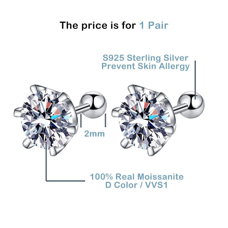 BIJOX STORY Women's Moissanite Screw Stud Earrings D Color 925 Sterling Silver 6 Prong Diamond Wedding Fine Jewelry