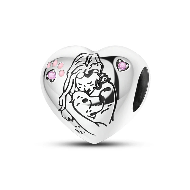 Dogs Pet Charms 925 Silver Heart Shaped Pink Zircon Claws Pendants Fit Original S925 Bracelets Fine DIY Birthday Jewelry Gifts