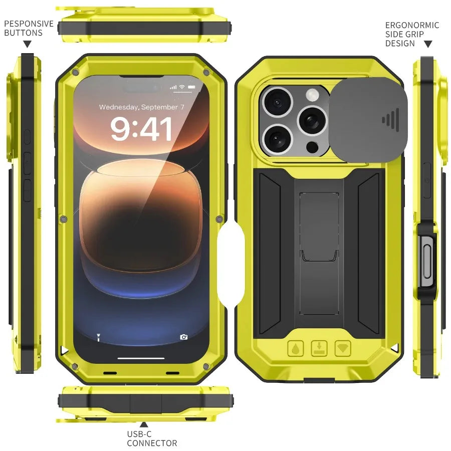 Rugged Metal Phone Case For iPhone 16e 15 14 Plus 13 Pro Max Heavy Military Shockproof Shell Slide Camera Cover Screen Protect