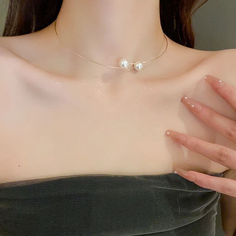 Zircon Double Layered Water Drop Heart Silver Scrap Imitation Pearl Cross Wave Open Collarbone Fine Pendant Necklaces Women K-