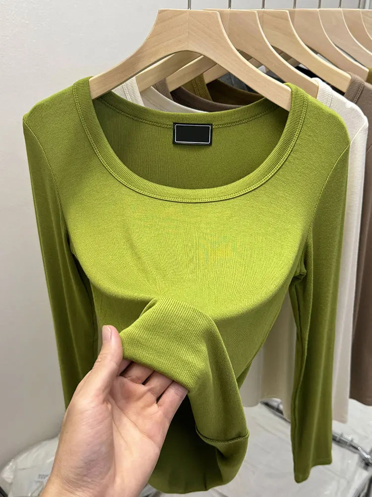 Fashionable U-Neck Long Sleeve Base Shirt Women's Slim Fit Low Collar Top T-Shirt Pure Color Commute Style Spring 2024