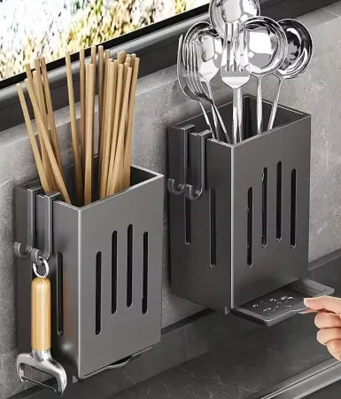 Kitchen Sink Utensil Caddy, Wall Mounted Chopstick Storage Rack with Drain Tray and Hooks, No Drilling Required