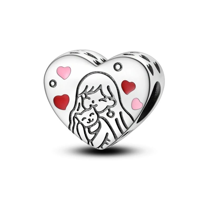 Dogs Pet Charms 925 Silver Heart Shaped Pink Zircon Claws Pendants Fit Original S925 Bracelets Fine DIY Birthday Jewelry Gifts