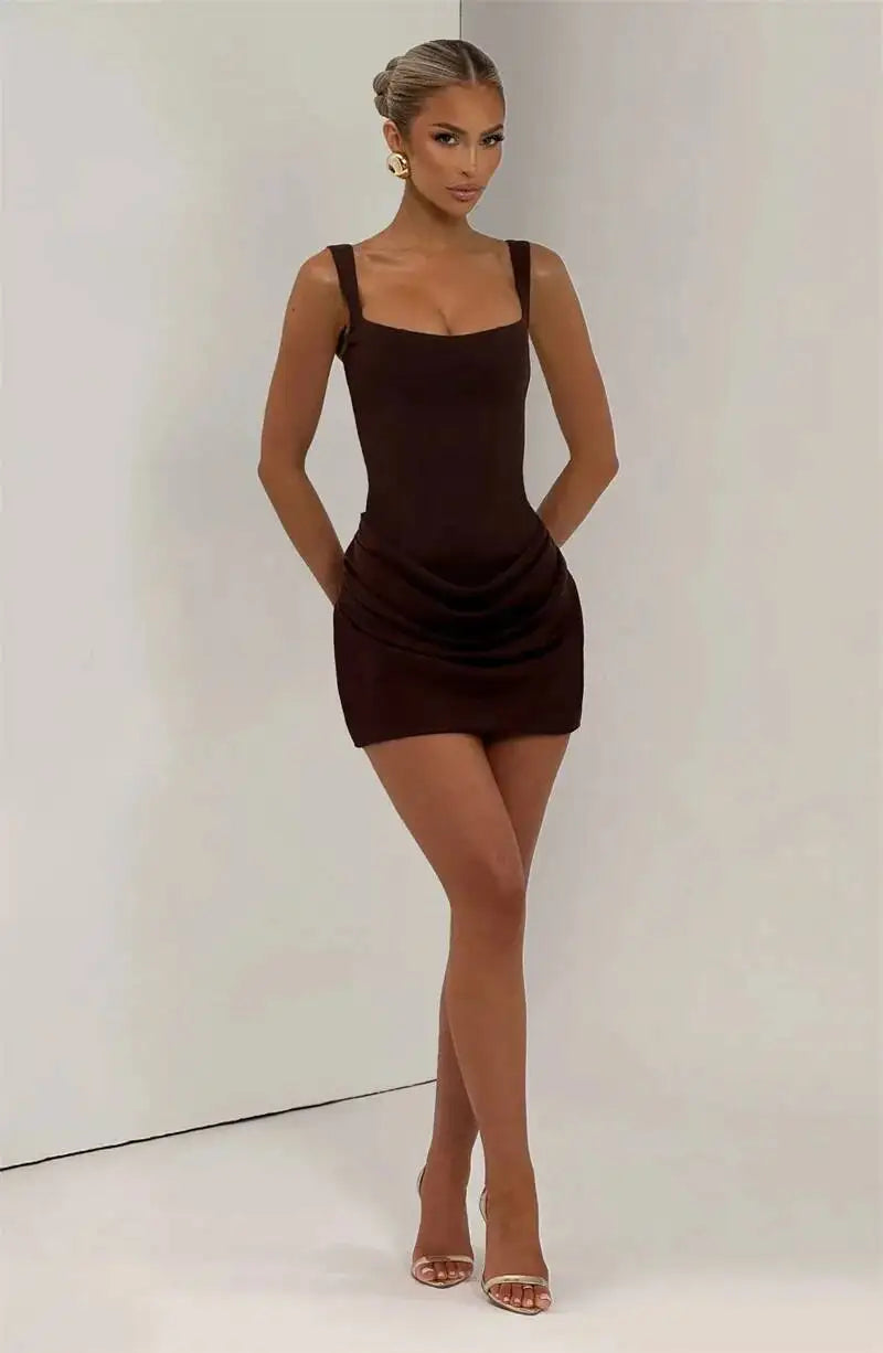 Mozision Backless Ruched Sexy Mini Dress Women Elegant Tapered Straps Square Collar Sleeveless High Waist Club Party Dress
