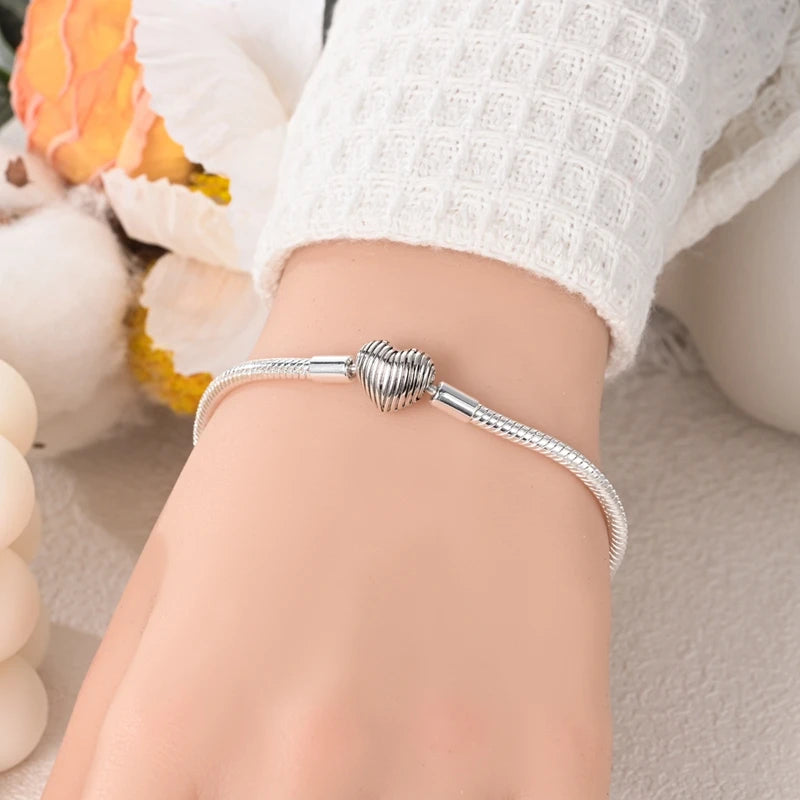 New 925 Sterling Silver Heart Shaped Zircon Snake Bone Bracelet For Women Fashion Birthday Jewelry Gift