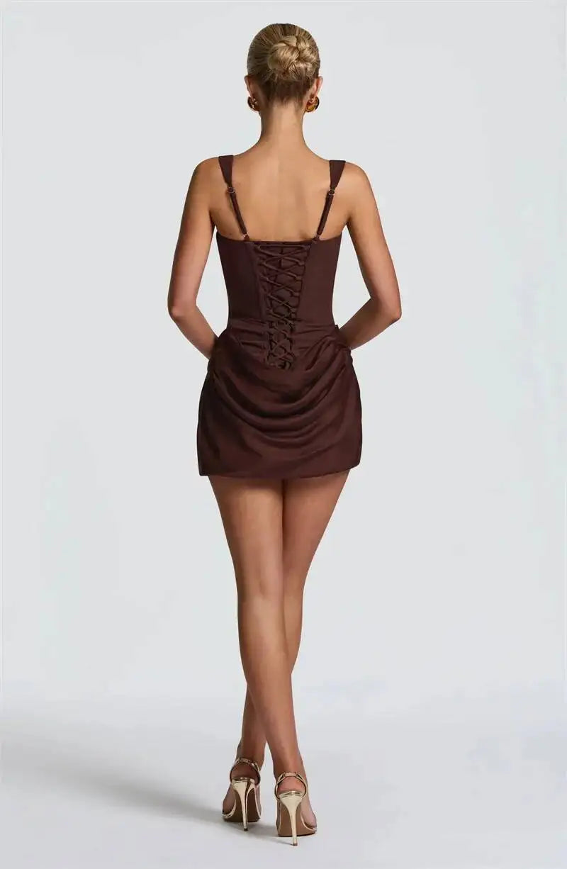 Mozision Backless Ruched Sexy Mini Dress Women Elegant Tapered Straps Square Collar Sleeveless High Waist Club Party Dress
