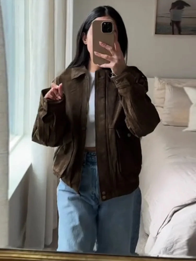 Brown Suede Jacket For Women Fashion Lapel Zipper Long Sleeve Pockets Motorcycle Bomber Coat 2025 New Spring Lady Loose Outwears
