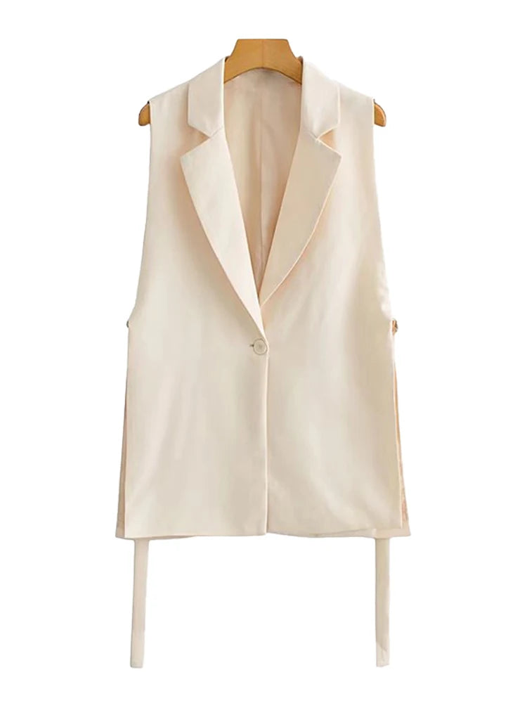 Women Fashion With Taps Side Vents Waistcoat Vintage Sleeveless Front Button Female Outerwear Chic Vest Tops