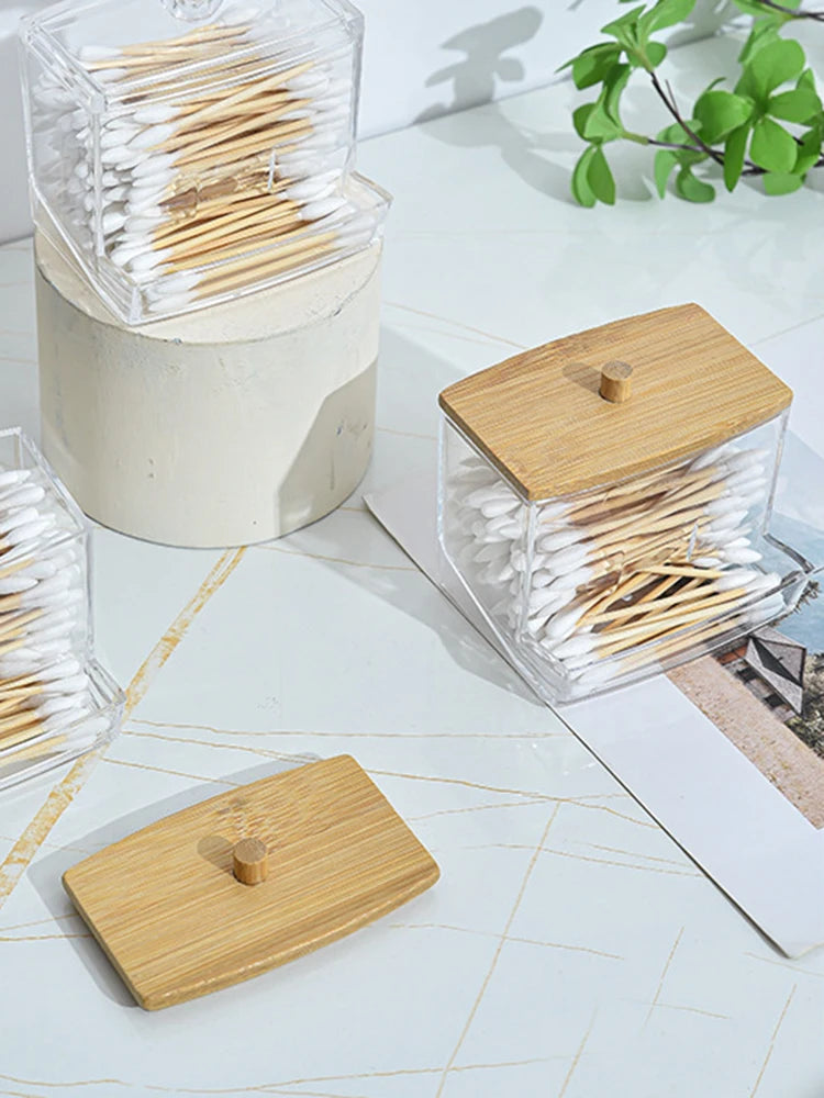 1 Household Cotton Swab Storage Tank, Acrylic Square Bamboo Cover Storage Box, Suitable For Bathroom, Bedroom, Transparent