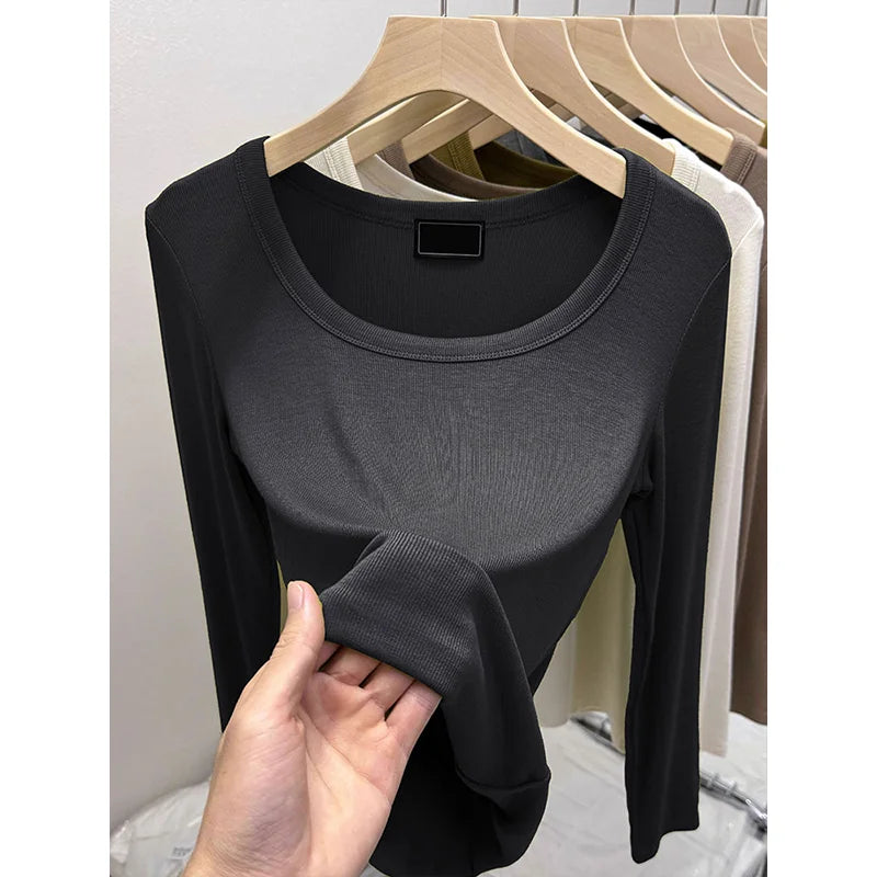 Fashionable U-Neck Long Sleeve Base Shirt Women's Slim Fit Low Collar Top T-Shirt Pure Color Commute Style Spring 2024