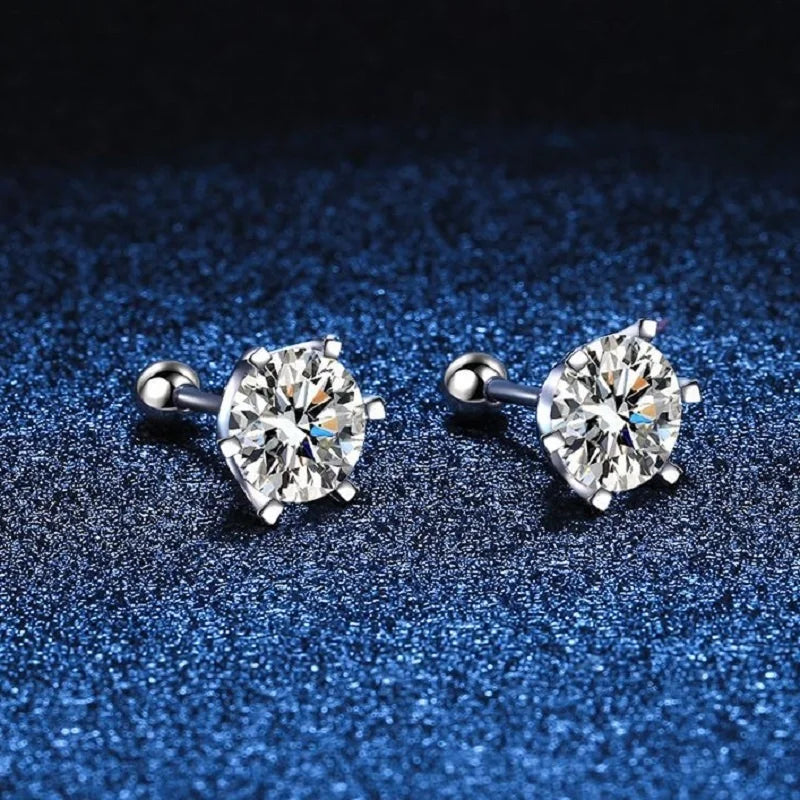 BIJOX STORY Women's Moissanite Screw Stud Earrings D Color 925 Sterling Silver 6 Prong Diamond Wedding Fine Jewelry
