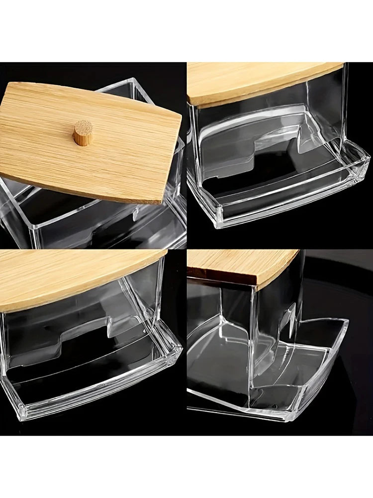 1 Household Cotton Swab Storage Tank, Acrylic Square Bamboo Cover Storage Box, Suitable For Bathroom, Bedroom, Transparent