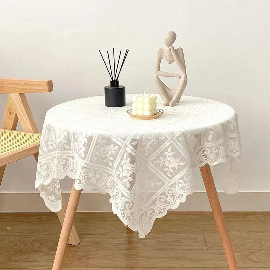 One Antique Embroidered Lace Tablecloth - Solid Color Elegant Flower Cut Process Polyester Square Tablecloth, 100% Polyester