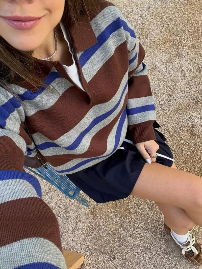 ETJ 2025 Autumn women's new line street style fashion yellow wide stripe polo neck loose version of long-sleeved sweater