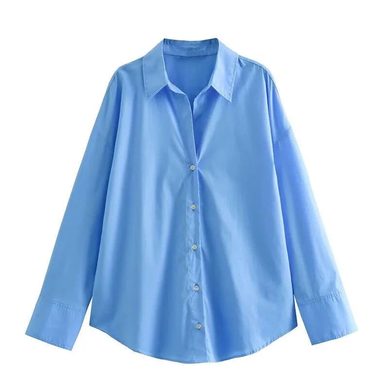 ETJ 2025 women's spring new Europe-American fashion striped long sleeve lapel loose version poplin shirt multi-color selection