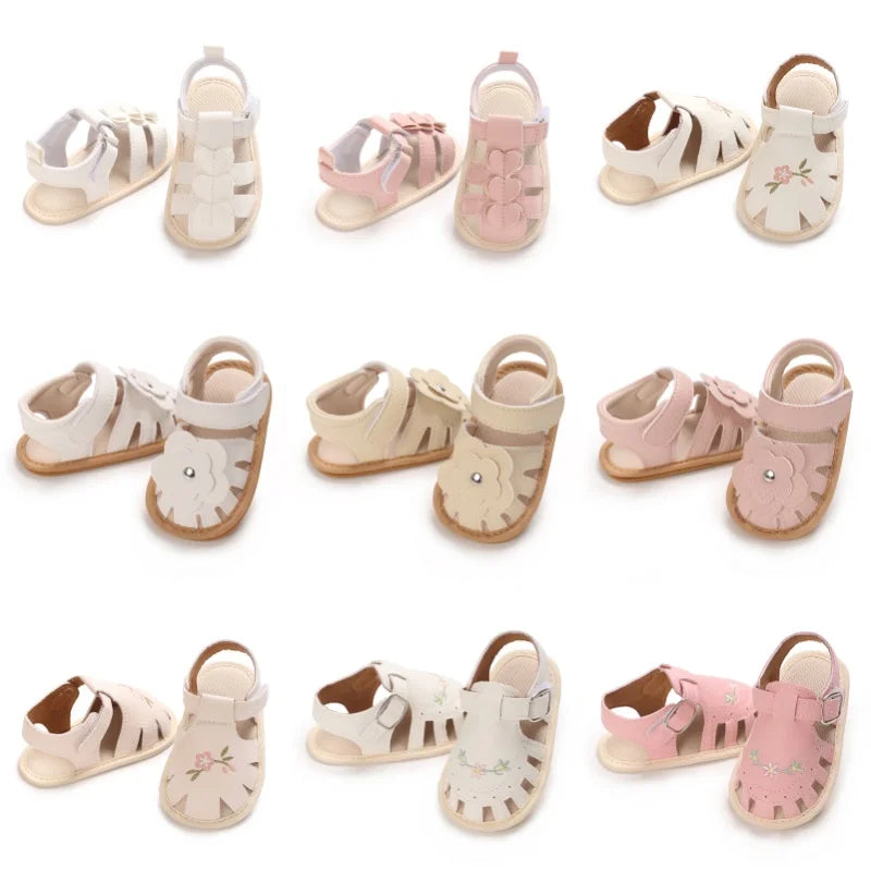 Princess summer sandals with floral/heart-shaped/bow decorations on baby shoelaces, suitable for girls to wear with soft soles