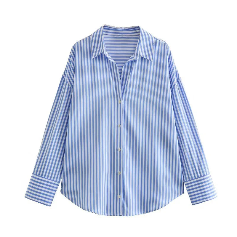 ETJ 2025 women's spring new Europe-American fashion striped long sleeve lapel loose version poplin shirt multi-color selection