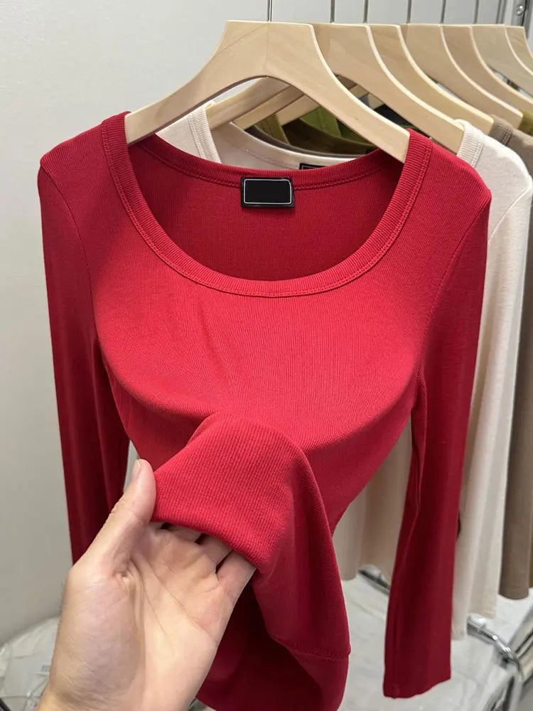 Fashionable U-Neck Long Sleeve Base Shirt Women's Slim Fit Low Collar Top T-Shirt Pure Color Commute Style Spring 2024