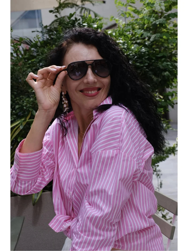 ETJ 2025 women's spring new Europe-American fashion striped long sleeve lapel loose version poplin shirt multi-color selection