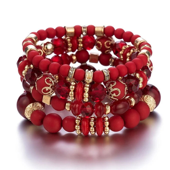 4pcs/set Boho Strand Bracelets For Women Crystal Beads Bracelets Heart Letter Elastic Bangles Wristband Yoga Jewelry Gifts K-