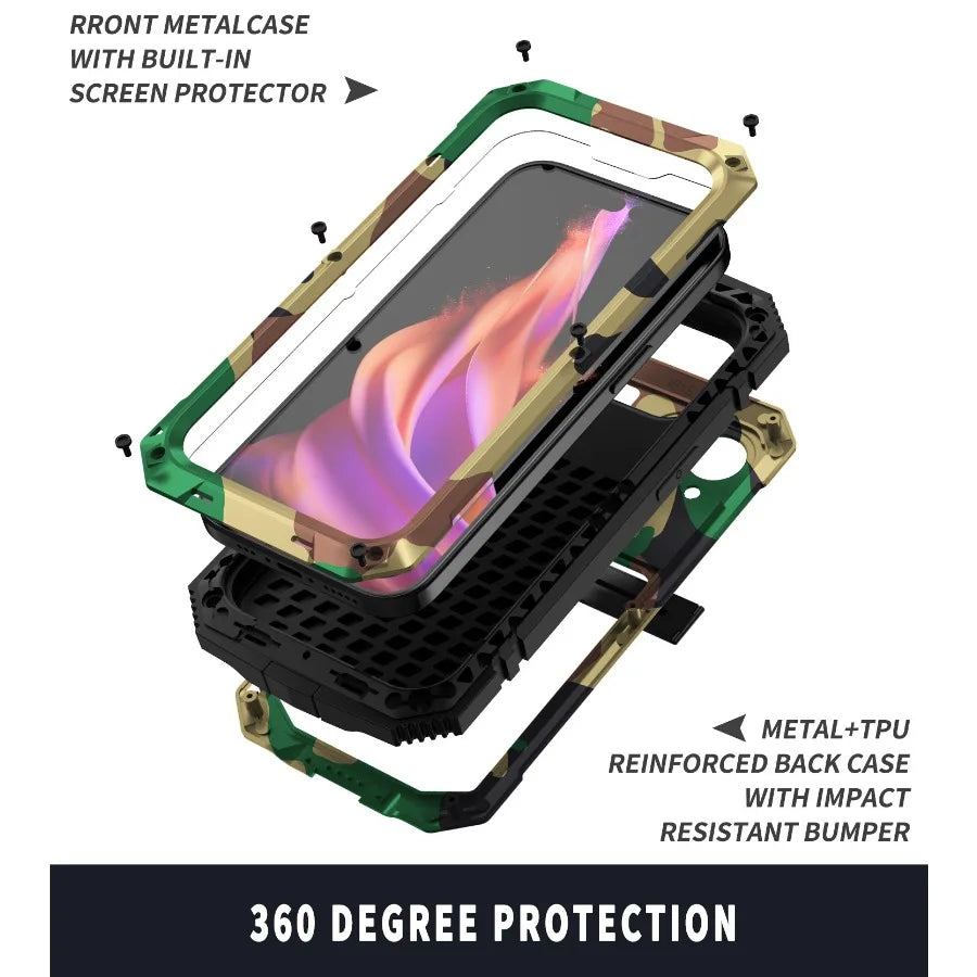 Camouflage Aluminum Metal Armor Phone Case For iPhone 13 Pro Max With Screen Tempered Glass Heavy Duty Outdoor Shockproof Cover