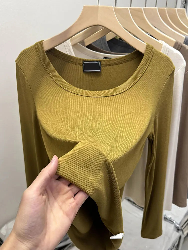 Fashionable U-Neck Long Sleeve Base Shirt Women's Slim Fit Low Collar Top T-Shirt Pure Color Commute Style Spring 2024